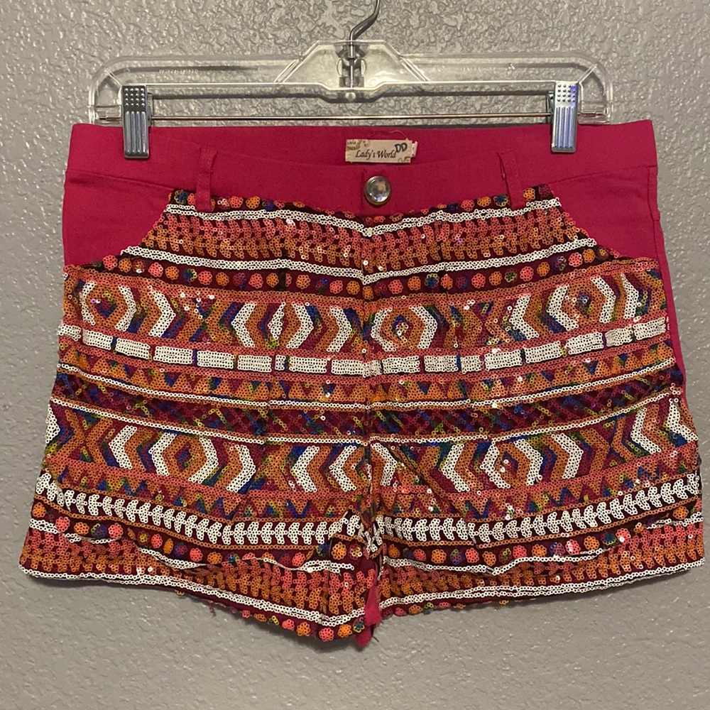 Hot pink sequin Aztec stretchy shorts